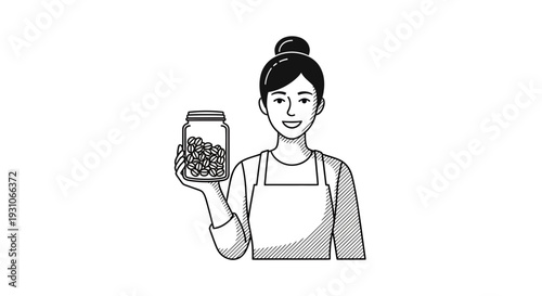 Woman holding jar of preserves, healthy food, homemade goodness, kitchen apron, organic ingredients