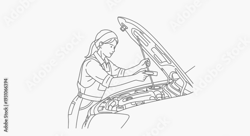 Woman checking car engine, auto mechanic, vehicle maintenance, DIY repair, workshop