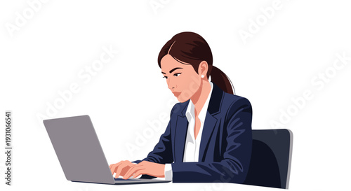 Professional woman wearing a dark blue suit jacket focused on working on her laptop computer at a modern office desk.
