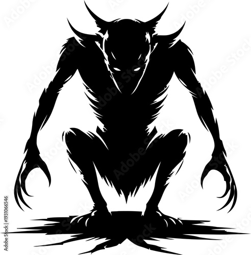 Angular horn tips and heavy forearms creature balanced low, sinister mythic brute emblem, fantasy merchandise graphic for poster templates, clothing prints, bold monochrome clipart