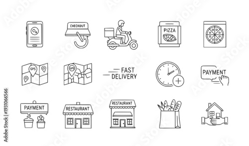 Food Delivery Service Icons: Mobile App, Map, Pizza, Restaurant, Payment, Scooter, Vector Illustration