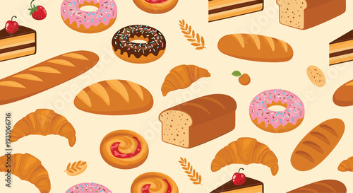 Beautiful seamless background pattern filled with assorted bakery treats like donuts, croissants, bread rolls, and cake slices.