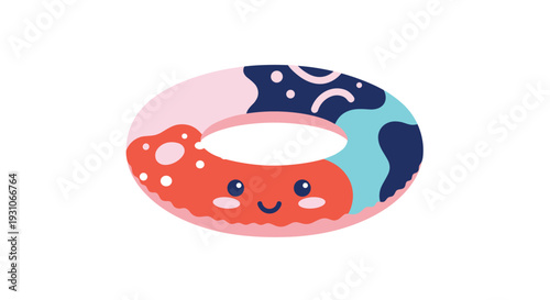 Adorable pink and blue inflatable swim ring shaped like a donut with a happy smiling face, perfect for summer pool fun.