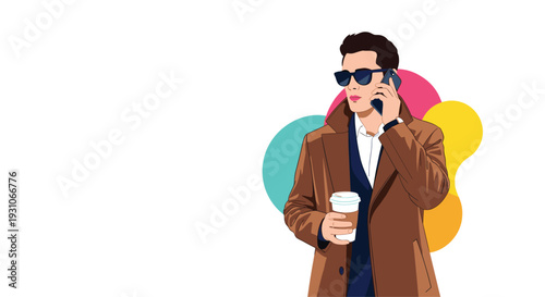 Professional man in a stylish brown coat and sunglasses talking on a smartphone while holding a takeaway coffee cup.