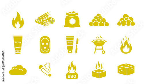Collection of fire, logs, charcoal, BBQ, detox cream, face mask icons in yellow flat design vector illustration