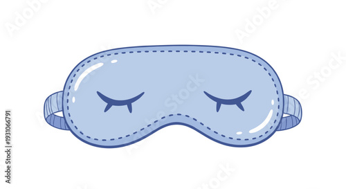 Light blue sleeping mask with closed eye design and elastic strap isolated on a white background for sleep and travel.