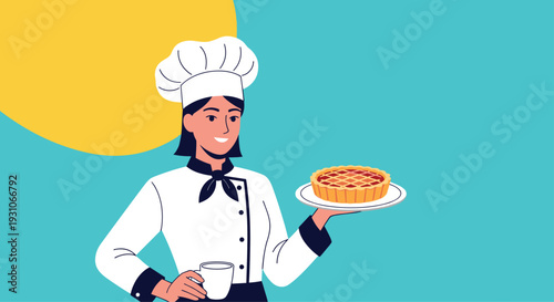 Smiling female chef in professional uniform holding a delicious baked pie on a plate while carrying a mug of coffee.