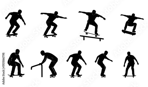 Skateboarder Silhouettes Performing Tricks: Street Skating Graphic Design