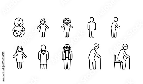 A set of minimalist stick figure illustrations depicting people of various ages and abilities