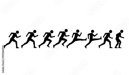 Eight black silhouettes of people running in different poses vector illustration