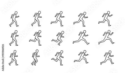 A set of minimalist running man icons in various poses and directions