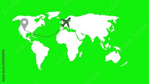 World map with airplane route and location pin animation
