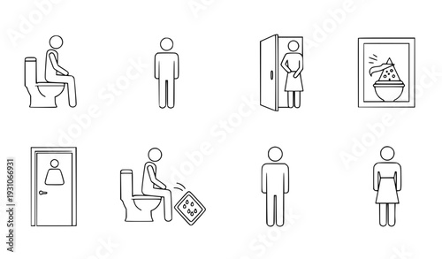 A set of minimalist icons depicting people in various bathroom and toilet situations