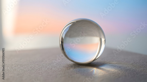 A pristine clear crystal ball on a grey surface, beautifully reflecting and inverting the soft, blurred pastel hues of the background, creating an intriguing optical illusion