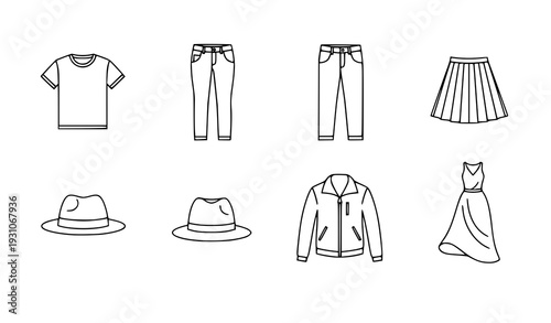 Casual Clothing Outline Icon Set T Shirt Jeans Skirt Dress Vector