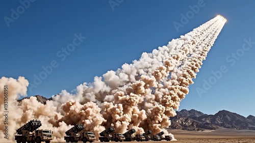 Multiple military rocket launchers simultaneously fire a volley of missiles into the clear blue sky, creating impressive light trails and a colossal smoke plume during a powerful test.