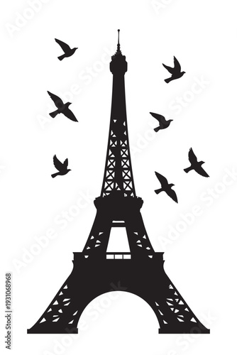 Eiffel Tower silhouette with flying birds in Paris vector illustration