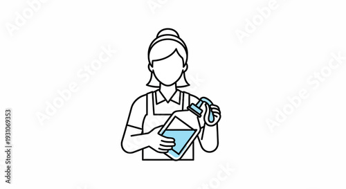 Woman in Apron Holding Dispenser Bottle with Blue Liquid, Cleaning or Sanitizing Concept