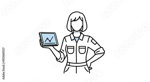 Woman in uniform holding tablet with financial graph, business analytics concept