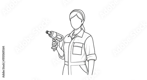 Woman in work clothes holding a power drill, illustration
