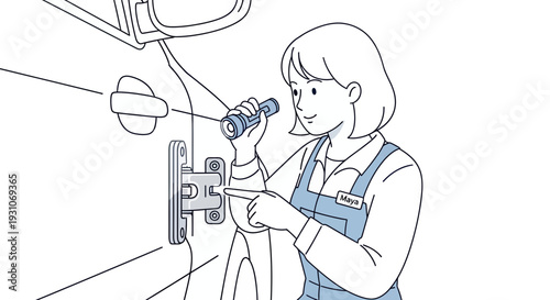 Woman Inspecting Car Door Hinge with Flashlight, Close-up Detail