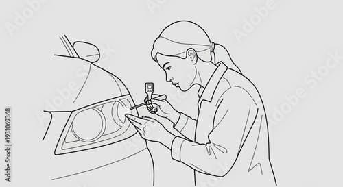 Woman Inspecting Car Headlight with Magnifying Glass and Tweezers