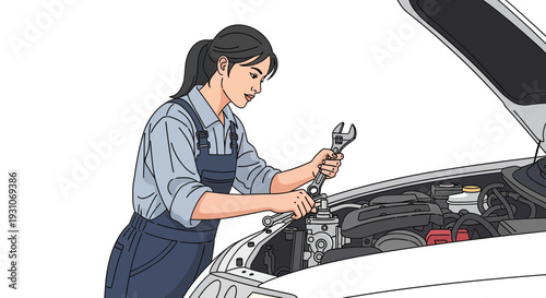 Woman mechanic fixing car engine with wrench, auto repair, skilled female technician