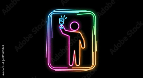 Dynamic neon glow animation of a celebratory figure toasting inside a vibrant light frame