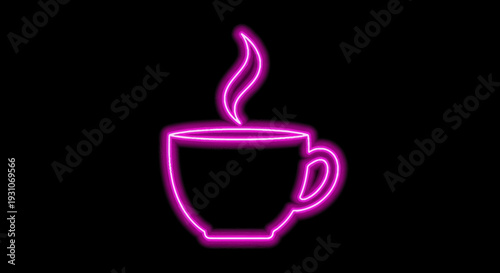 Glowing magenta coffee cup with rising steam against a dark void, a vibrant digital beverage icon