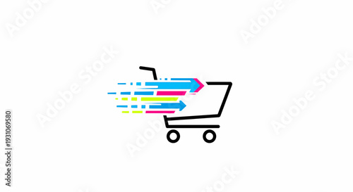 Dynamic online shopping cart icon with vibrant speed arrows representing quick digital commerce