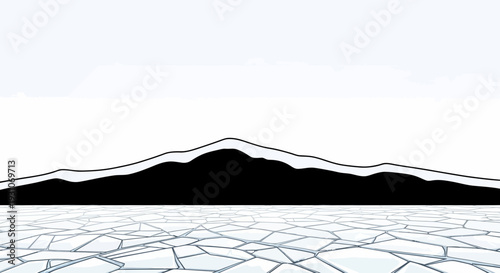 Vast icy expanse with a distant, dark mountain range silhouette under a clear sky