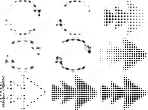 Arrow icon set. Halftone Arrow. Cursor. Black vector arrows icons. Collection different arrows sign. Modern simple arrows. Black arrow pointing to the right 