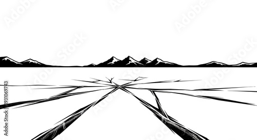 Expansive stark monochrome scene with deep fissures across a frozen surface leading to formidable