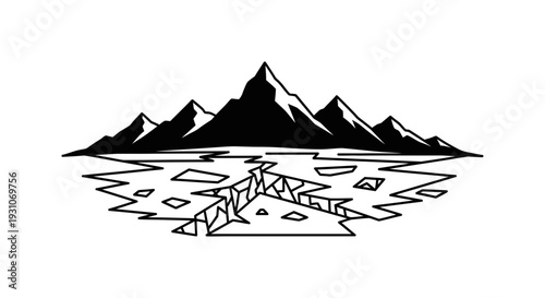 Stylized black and white illustration of towering mountains and a fractured icy lake landscape