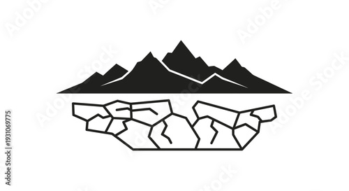 Minimalist black and white icon illustrating towering mountain peaks above a fragmented icy surface