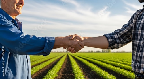 Two farmers shaking hands in green crop field
