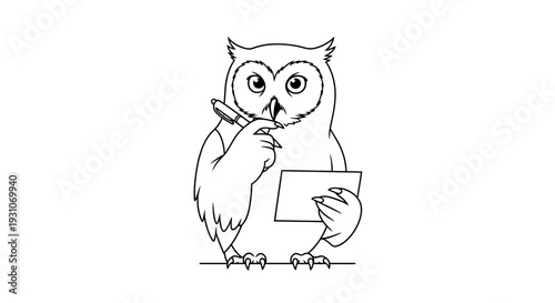 Engaging outline of an intelligent owl thoughtfully holding a pen and blank paper ready for