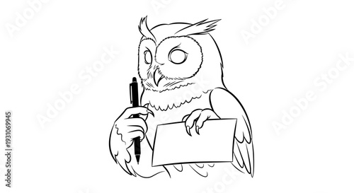 Wise owl character with pen and blank paper ready for writing or note-taking, a symbol of knowledge