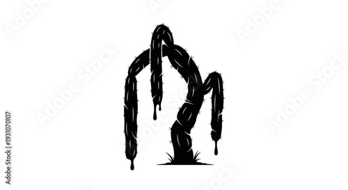Stylized black silhouette of a desert cactus plant with unique dripping liquid details