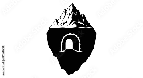 Striking monochrome emblem of a rugged mountain structure revealing a glowing hidden passage symbol
