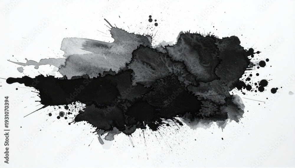 Obraz premium Ink blot with splatters and gradations, black and white