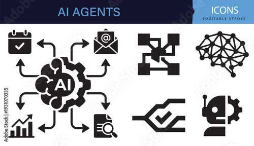 Bundle containing AI workflow automation and business process linear vector icons