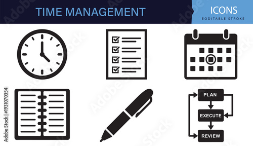 Bundle containing time management and planning checklist calendar productivity outline icons
