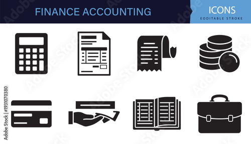 Set of finance and accounting invoice receipt payment credit card icons