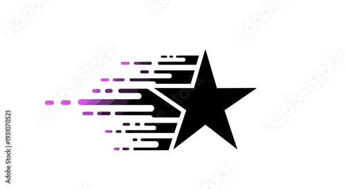 Dynamic black star with energetic purple and dark speed lines on a pristine white background