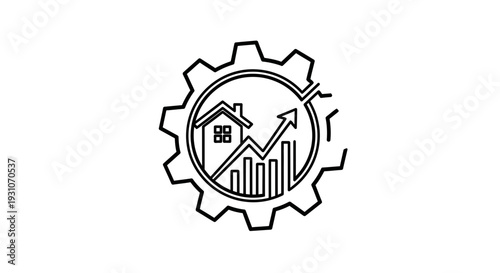 Dynamic Real Estate Market Growth Analysis and Property Investment Management Icon with Gear
