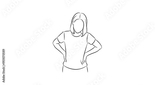 Minimalist black outline drawing of a standing person with hands on hips on white background
