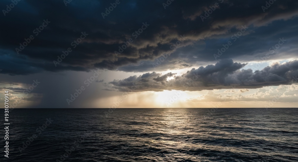 Fototapeta premium Dramatic seascape with stormy, dark clouds, rain, and a golden, sunlit horizon