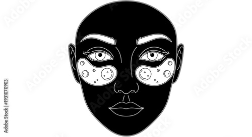 Minimalist black and white illustration of a face with under-eye patches for beauty care and