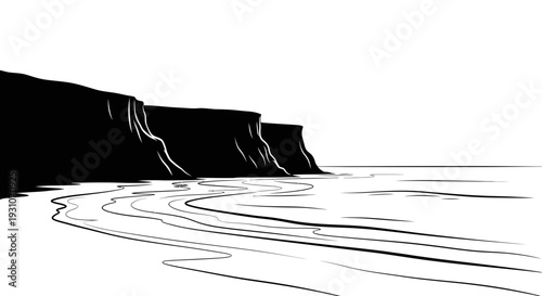 Striking black and white illustration depicting a serene coastal landscape with towering ocean